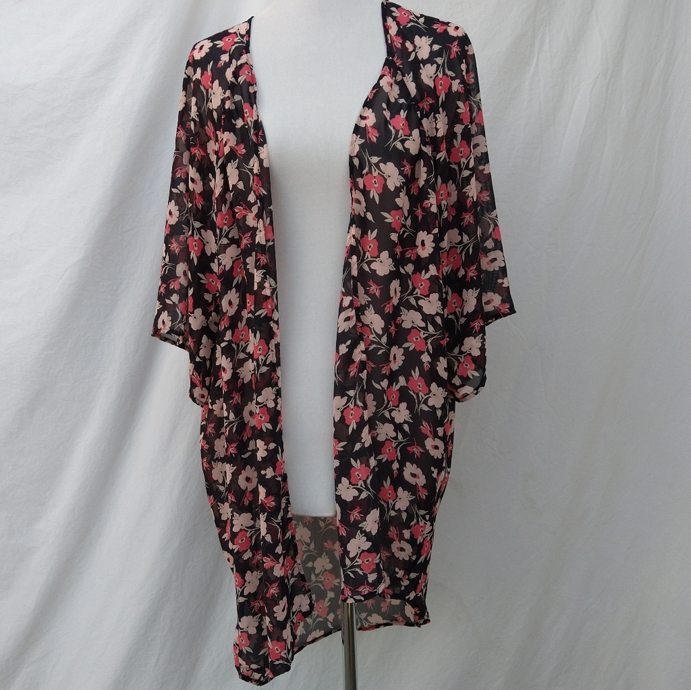 Express Sheer Orange Black Floral Coverup OS